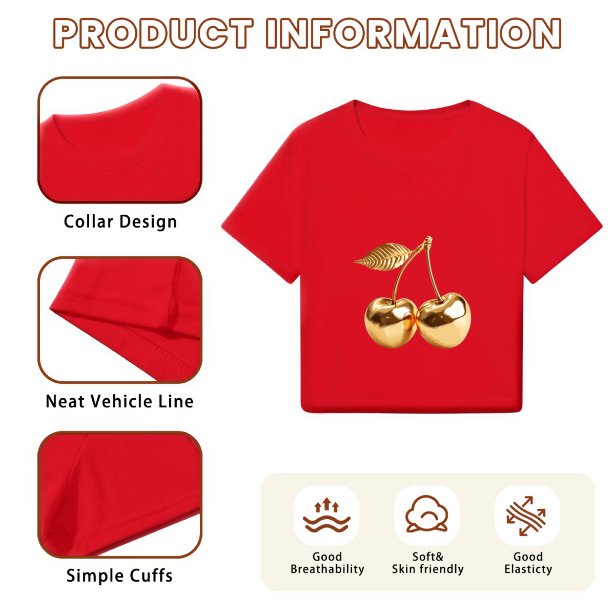Red Cropped  Tee Decorated With Golden Cherry Pattern