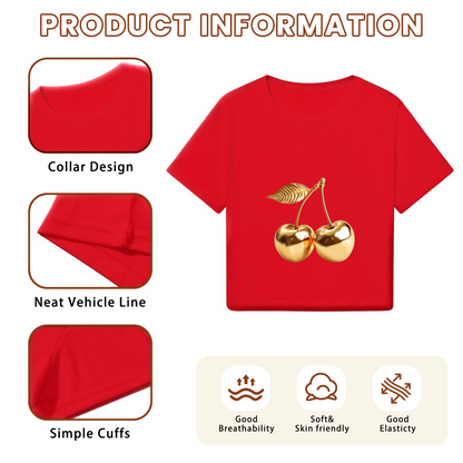 Red Cropped  Tee Decorated With Golden Cherry Pattern