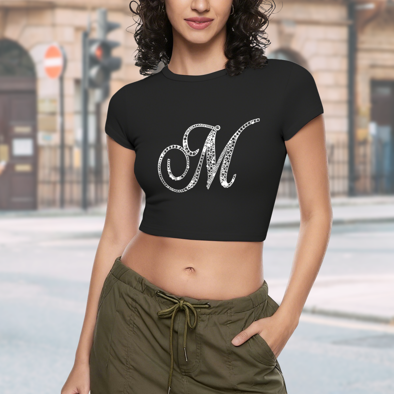Sparkly Rhinestone Letter M Black Crop Top ¨C Bling Y2K Glam Baby Tee