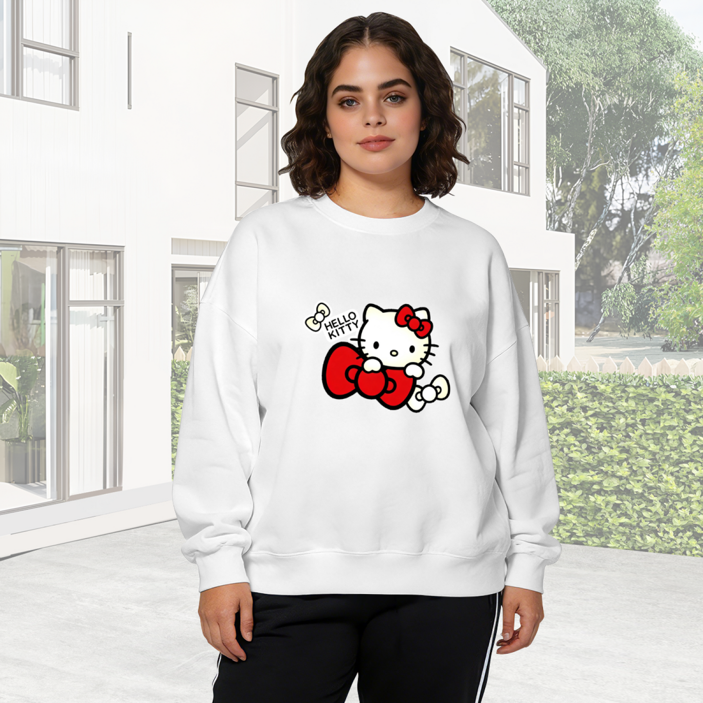 Classic Hello Kitty Red Bow Cute Print Women Crewneck Sweatshirt