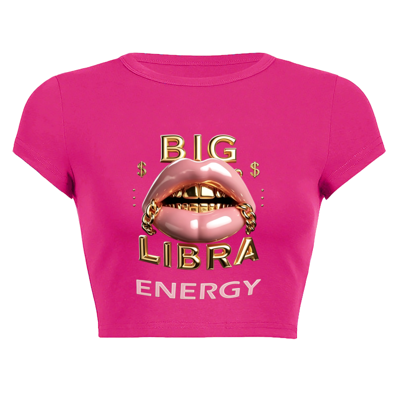 Big Libra Gold Grill Lips Hot Pink Zodiac Crop Baby Tee