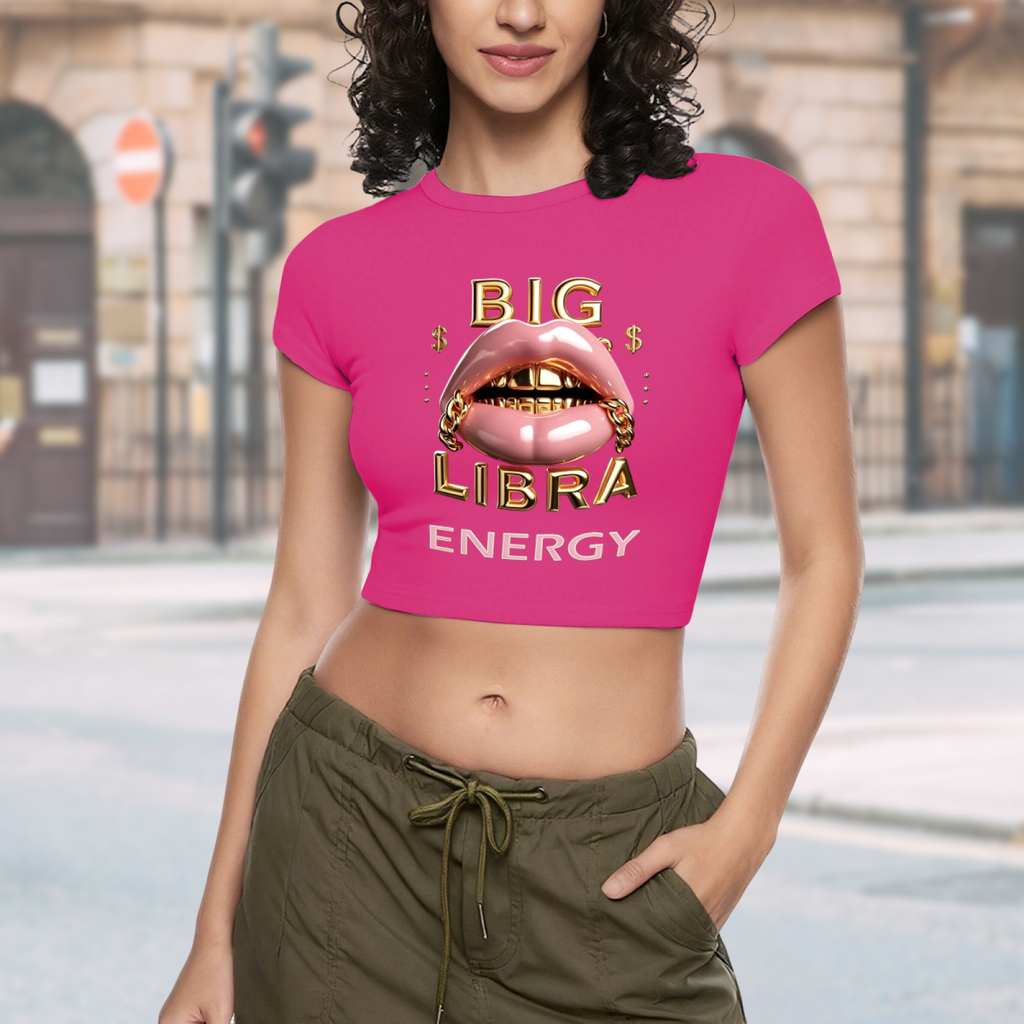 Big Libra Gold Grill Lips Hot Pink Zodiac Crop Baby Tee