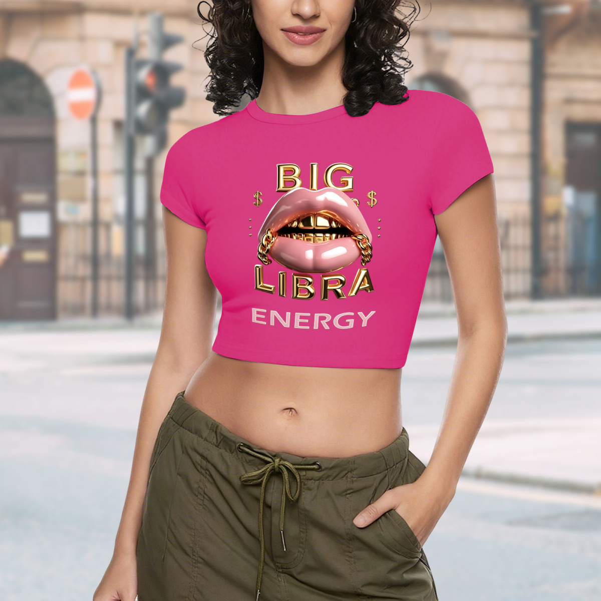 Big Libra Gold Grill Lips Hot Pink Zodiac Crop Baby Tee