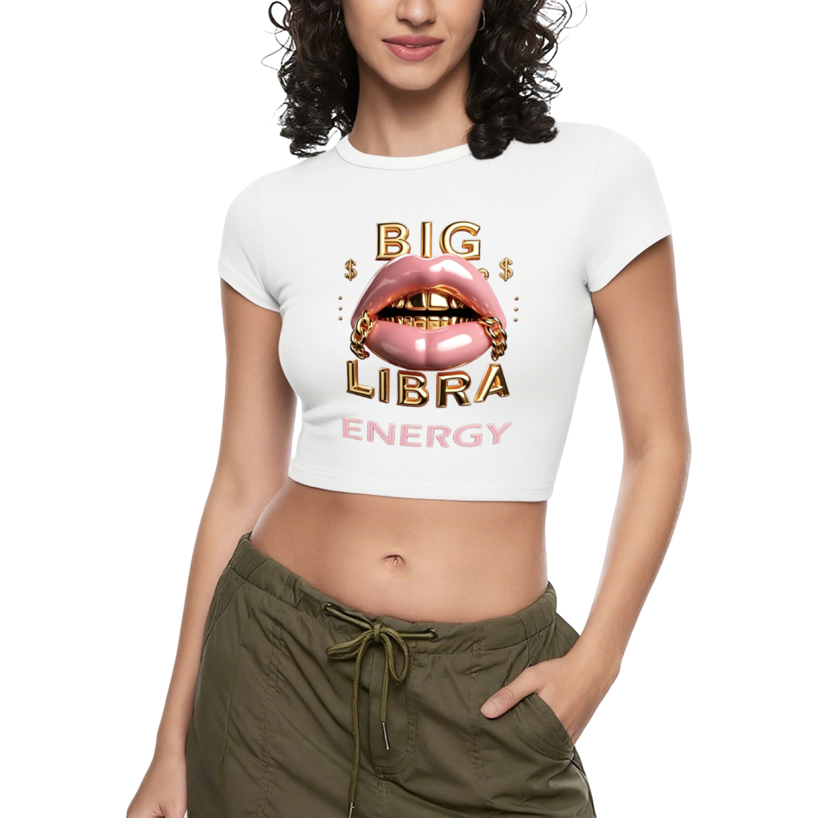 Big Libra Gold Grill Lips Hot Pink Zodiac Crop Baby Tee