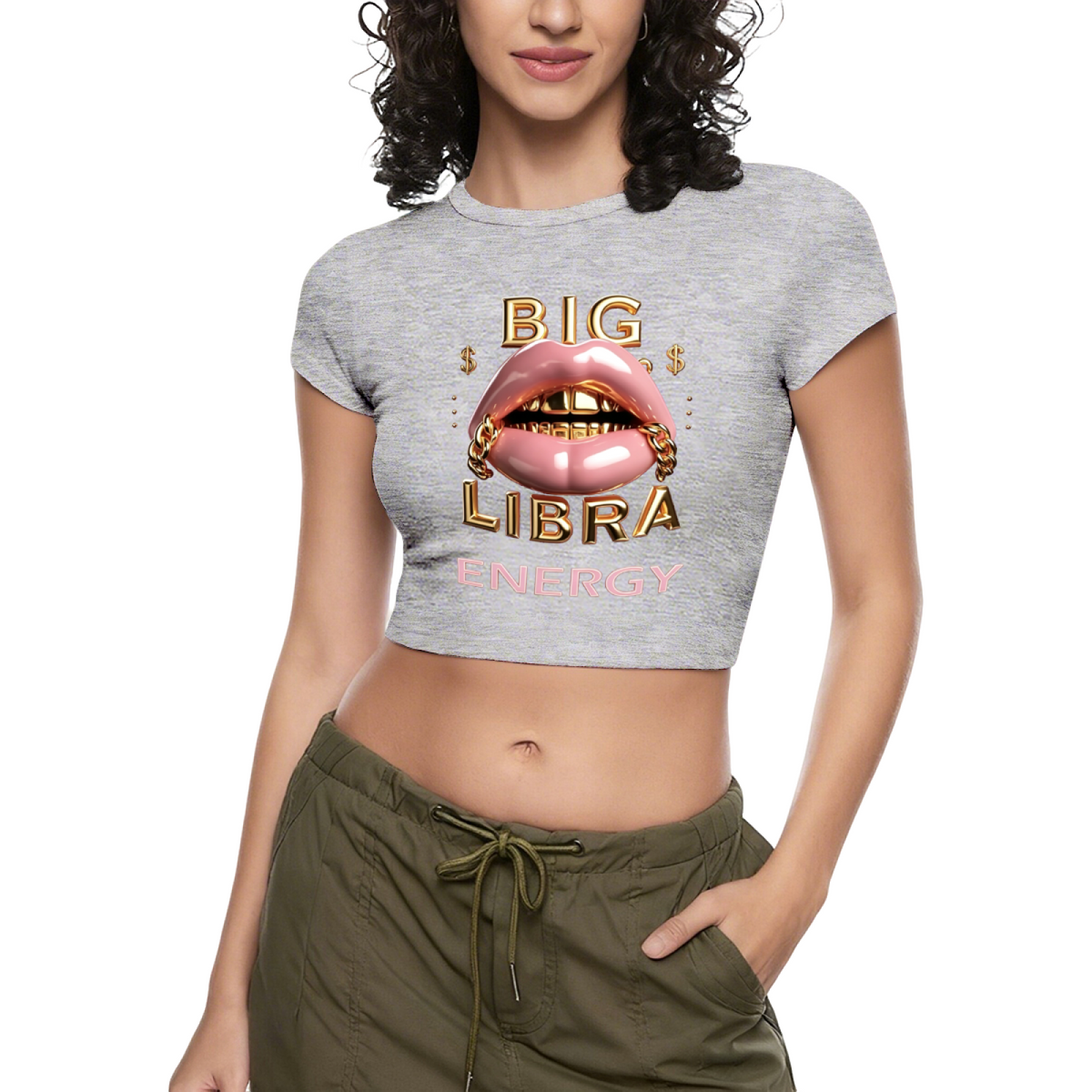 Big Libra Gold Grill Lips Hot Pink Zodiac Crop Baby Tee