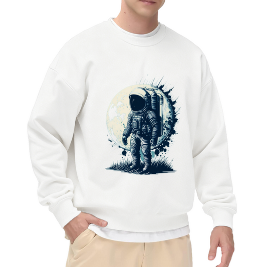 Astronaut On The Moon Crewneck Sweatshirt - Vintage Space Explorer Graphic Pullover, Retro Cosmonaut Illustration, Space Lover Gift