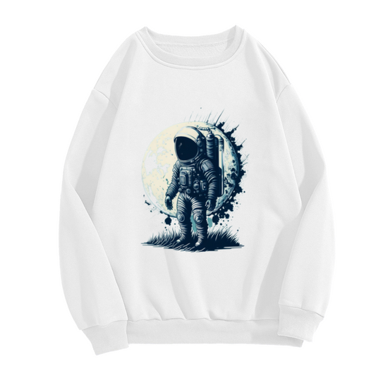 Astronaut On The Moon Crewneck Sweatshirt - Vintage Space Explorer Graphic Pullover, Retro Cosmonaut Illustration, Space Lover Gift