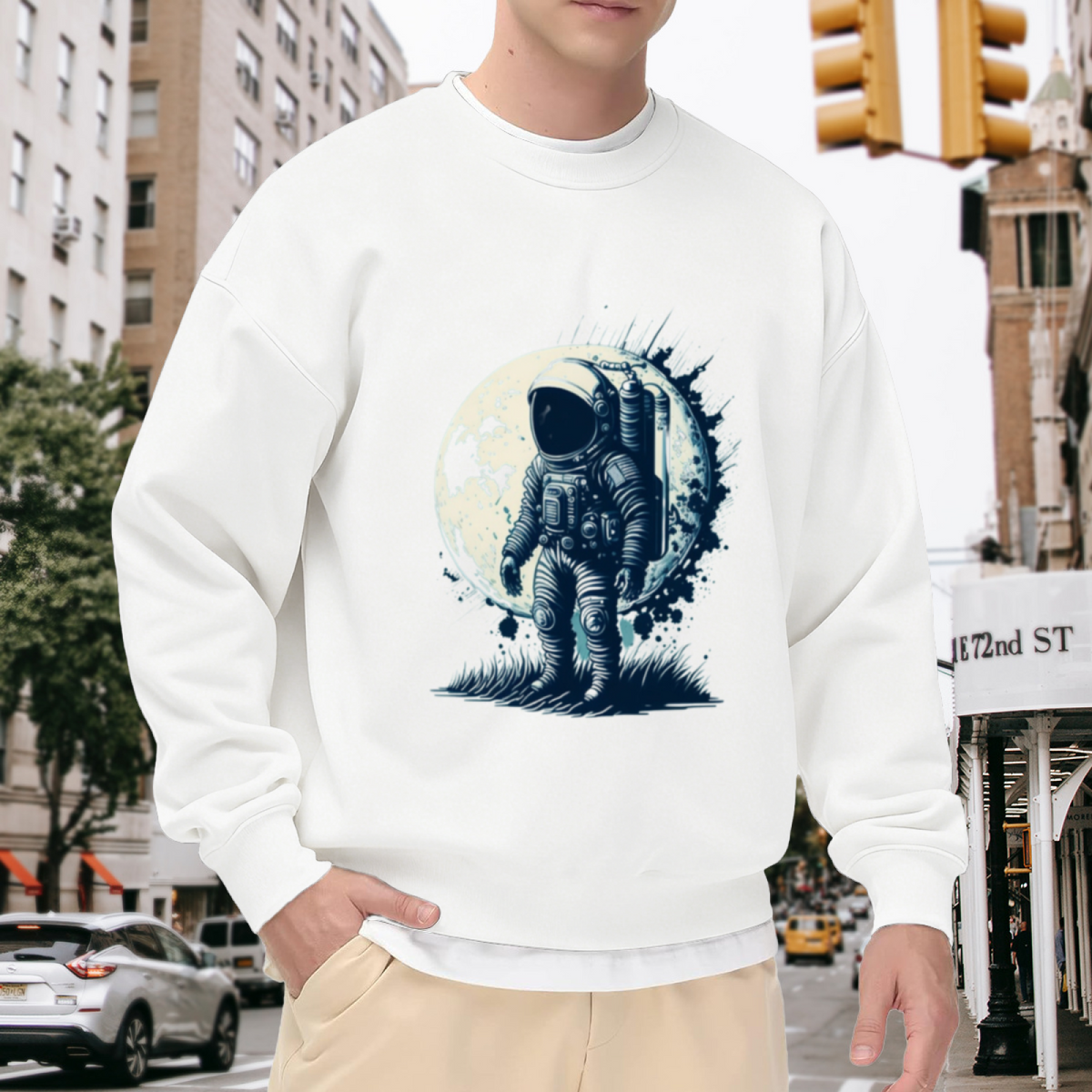Astronaut On The Moon Crewneck Sweatshirt - Vintage Space Explorer Graphic Pullover, Retro Cosmonaut Illustration, Space Lover Gift