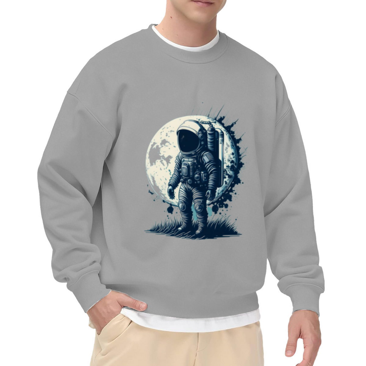 Astronaut On The Moon Crewneck Sweatshirt - Vintage Space Explorer Graphic Pullover, Retro Cosmonaut Illustration, Space Lover Gift