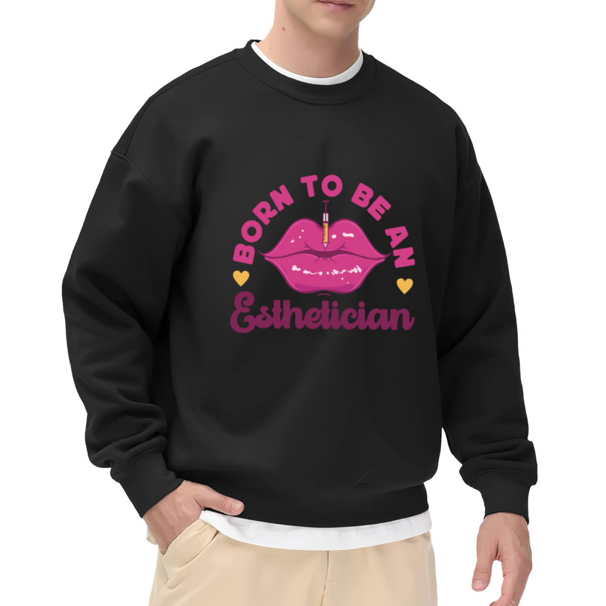 Born To Be An Esthetician Lip Filler Graphic Crewneck Sweatshirt | Beauty Professional Syringe Art Pullover, Cosmetology Nurse Gift