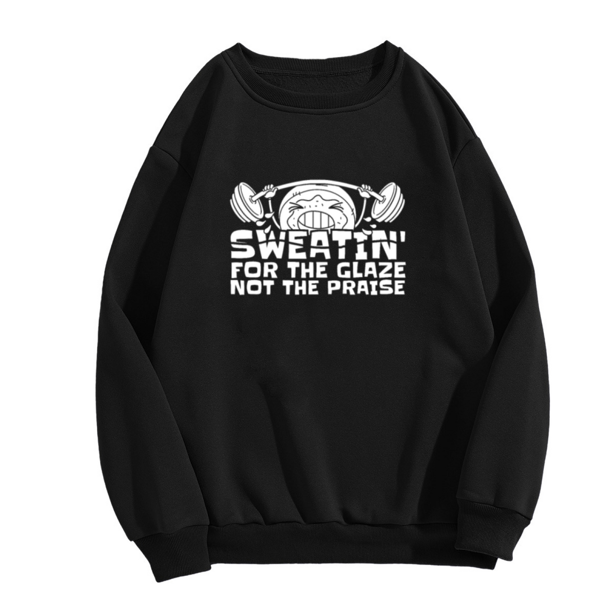 Sweatin' For The Glaze Not The Praise Funny Cartoon Donut Lifting Weights Gym Humor Crewneck Sweatshirt