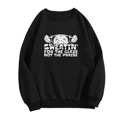 Sweatin' For The Glaze Not The Praise Funny Cartoon Donut Lifting Weights Gym Humor Crewneck Sweatshirt