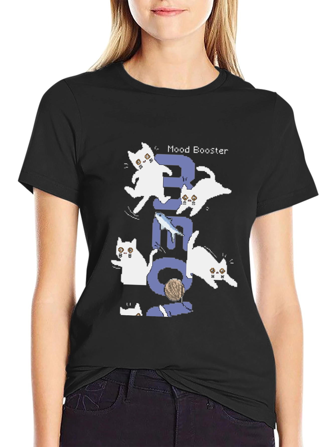 Pixel Cat Mood Booster Black T-Shirt