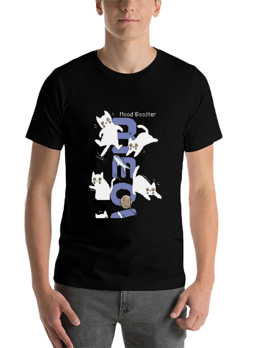 Pixel Cat Mood Booster Black T-Shirt