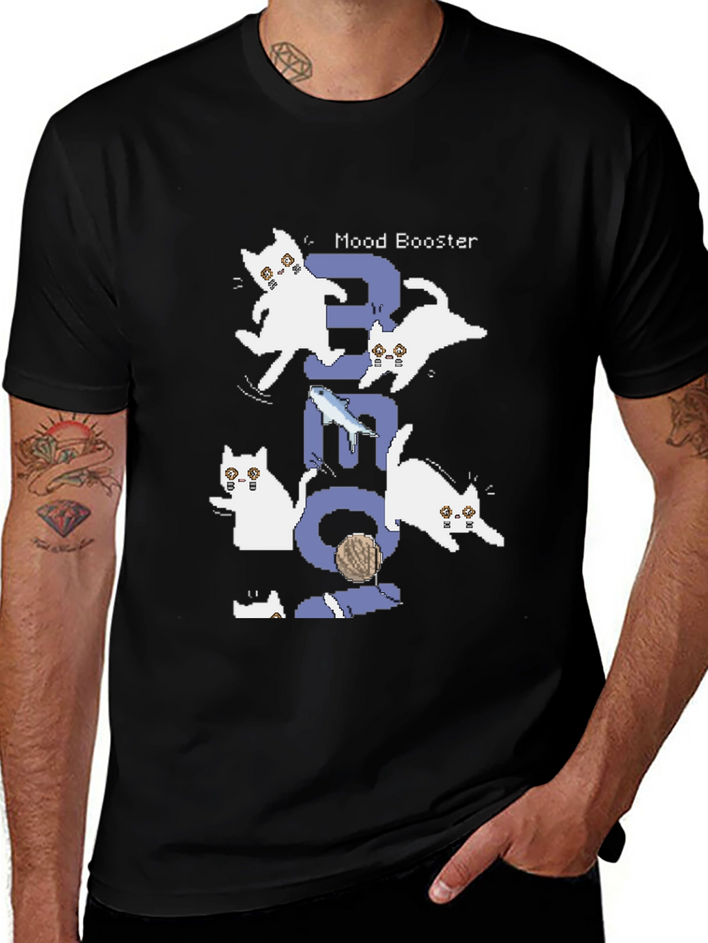 Pixel Cat Mood Booster Black T-Shirt