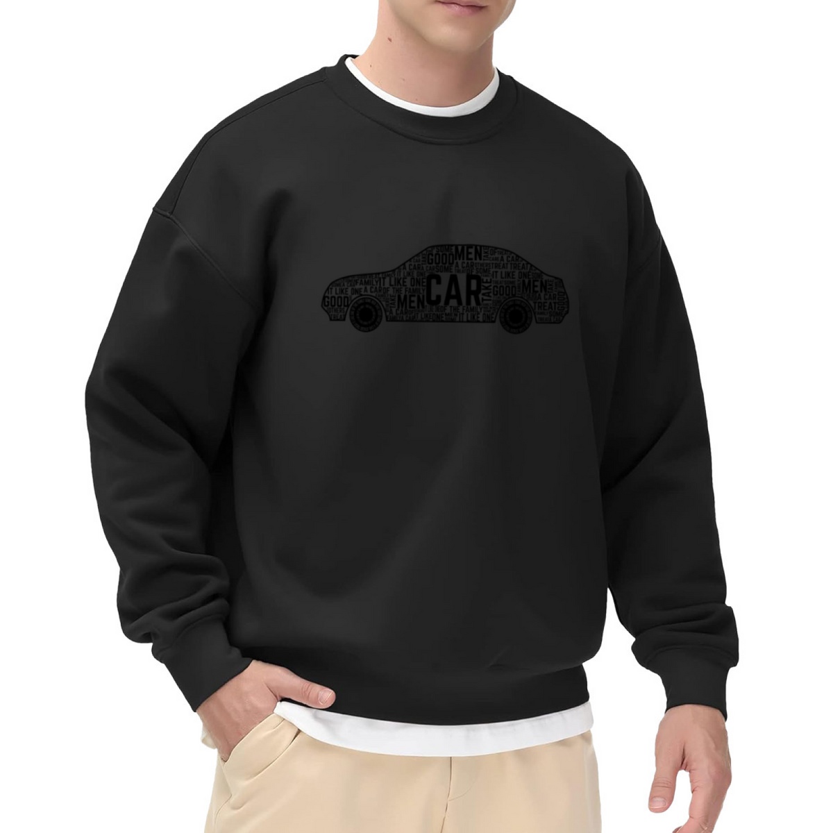 Typographic Car Silhouette Sweatshirt | Word Art Car Graphic Crewneck, Text Art Automotive Pullover Top, Car Lover Gift for Men