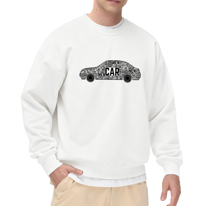 Typographic Car Silhouette Sweatshirt | Word Art Car Graphic Crewneck, Text Art Automotive Pullover Top, Car Lover Gift for Men