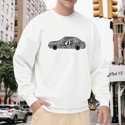 Typographic Car Silhouette Sweatshirt | Word Art Car Graphic Crewneck, Text Art Automotive Pullover Top, Car Lover Gift for Men