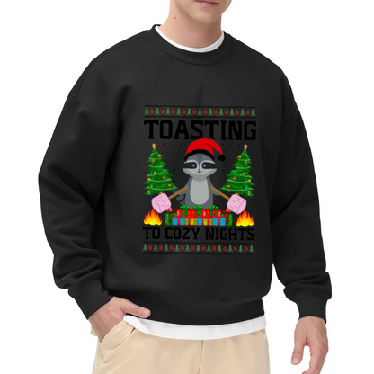 Toasting To Cozy Nights Raccoon Crewneck Sweatshirt | Cute Christmas Pullover, Festive Gift Box Graphic Top, Holiday Gift