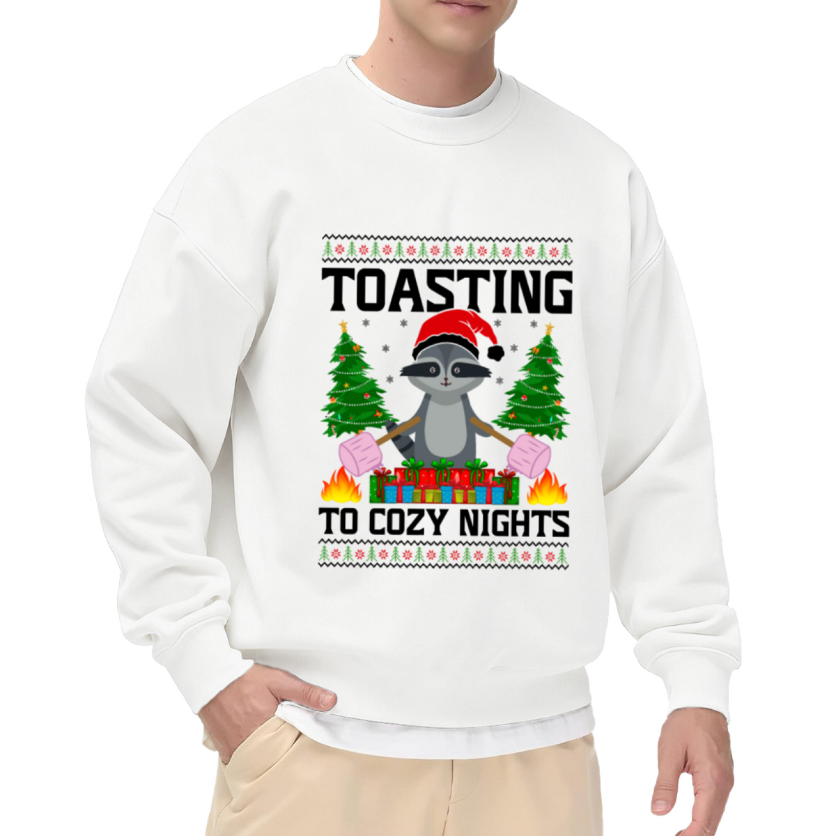 Toasting To Cozy Nights Raccoon Crewneck Sweatshirt | Cute Christmas Pullover, Festive Gift Box Graphic Top, Holiday Gift