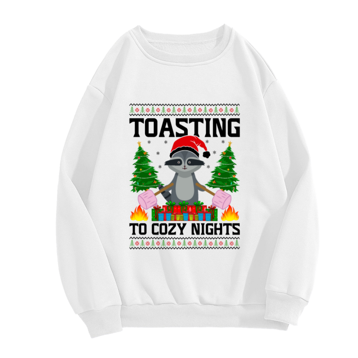 Toasting To Cozy Nights Raccoon Crewneck Sweatshirt | Cute Christmas Pullover, Festive Gift Box Graphic Top, Holiday Gift