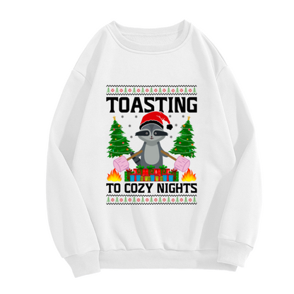 Toasting To Cozy Nights Raccoon Crewneck Sweatshirt | Cute Christmas Pullover, Festive Gift Box Graphic Top, Holiday Gift
