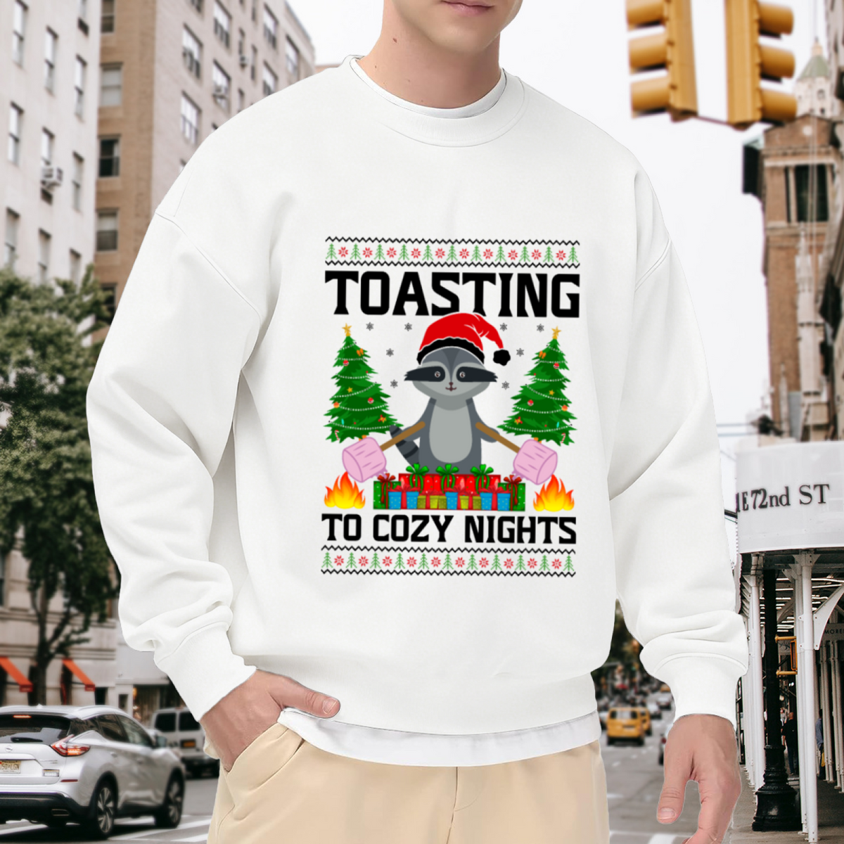 Toasting To Cozy Nights Raccoon Crewneck Sweatshirt | Cute Christmas Pullover, Festive Gift Box Graphic Top, Holiday Gift