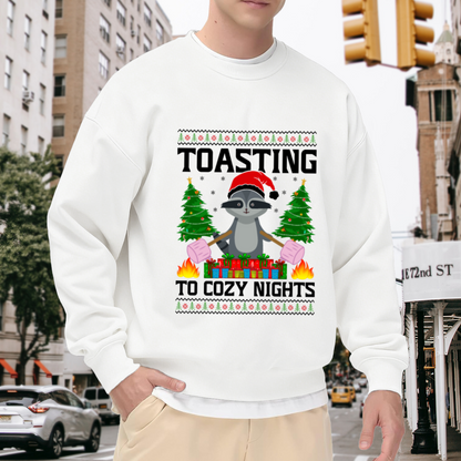 Toasting To Cozy Nights Raccoon Crewneck Sweatshirt | Cute Christmas Pullover, Festive Gift Box Graphic Top, Holiday Gift