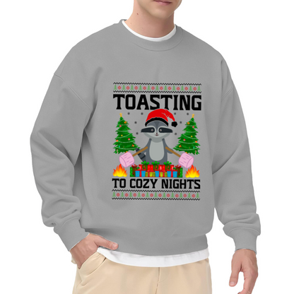 Toasting To Cozy Nights Raccoon Crewneck Sweatshirt | Cute Christmas Pullover, Festive Gift Box Graphic Top, Holiday Gift