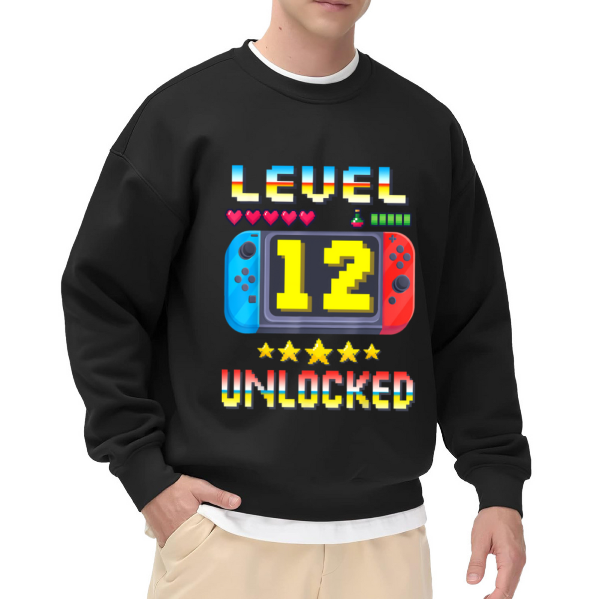 Level 12 Unlocked Sweatshirt | Retro Pixel Gaming Birthday Graphic Crewneck, 12th Birthday Pullover Top, Gamer Gift for Boys Girls Kids