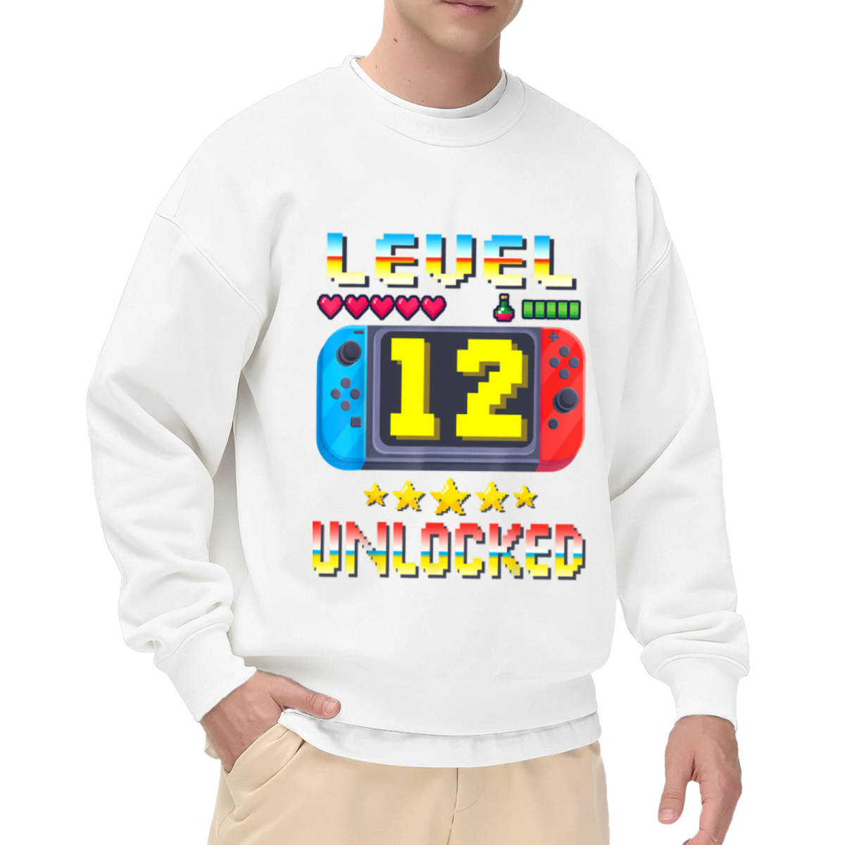 Level 12 Unlocked Sweatshirt | Retro Pixel Gaming Birthday Graphic Crewneck, 12th Birthday Pullover Top, Gamer Gift for Boys Girls Kids
