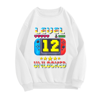 Level 12 Unlocked Sweatshirt | Retro Pixel Gaming Birthday Graphic Crewneck, 12th Birthday Pullover Top, Gamer Gift for Boys Girls Kids