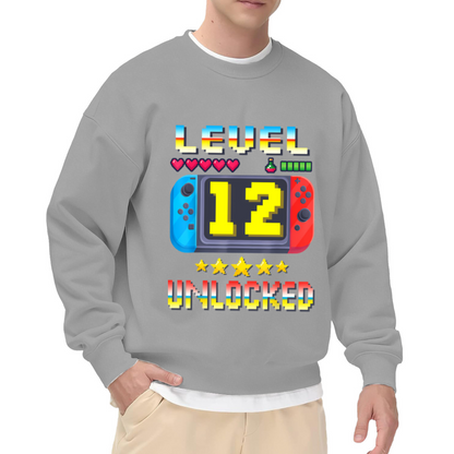 Level 12 Unlocked Sweatshirt | Retro Pixel Gaming Birthday Graphic Crewneck, 12th Birthday Pullover Top, Gamer Gift for Boys Girls Kids