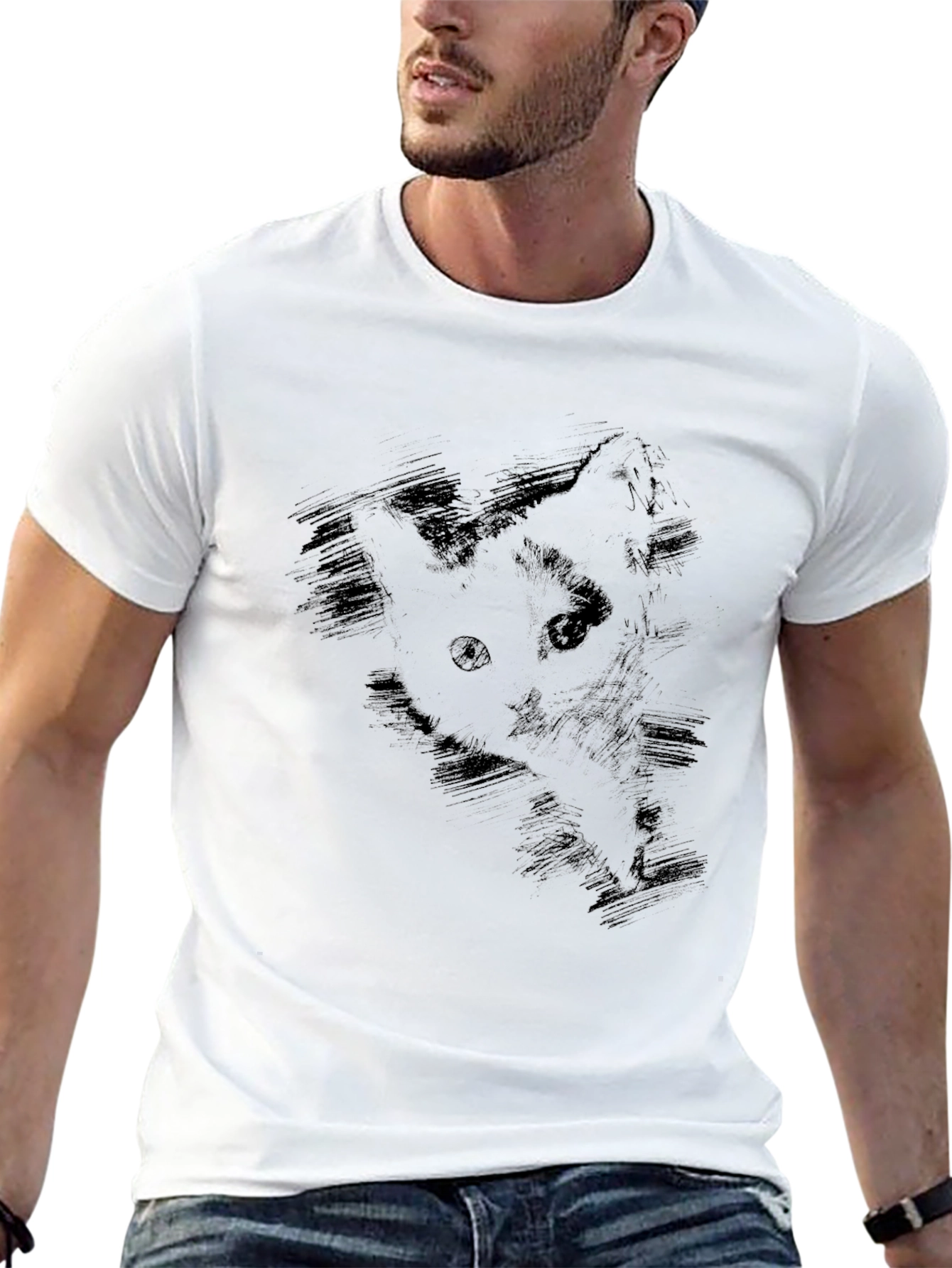 Mens Black Cat Sketch Graphic Tee
