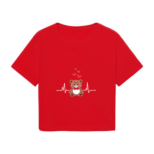 Sweet Red Crop T-Shirt With Cartoon Teddy Bear & Heartbeat Love Design