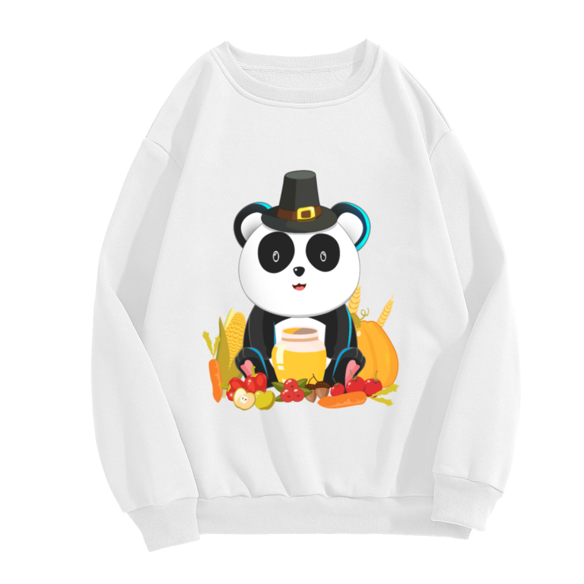 Pilgrim Panda Thanksgiving Harvest Crewneck Sweatshirt | Cute Fall Pumpkin Cartoon Pullover, Thanksgiving Gift