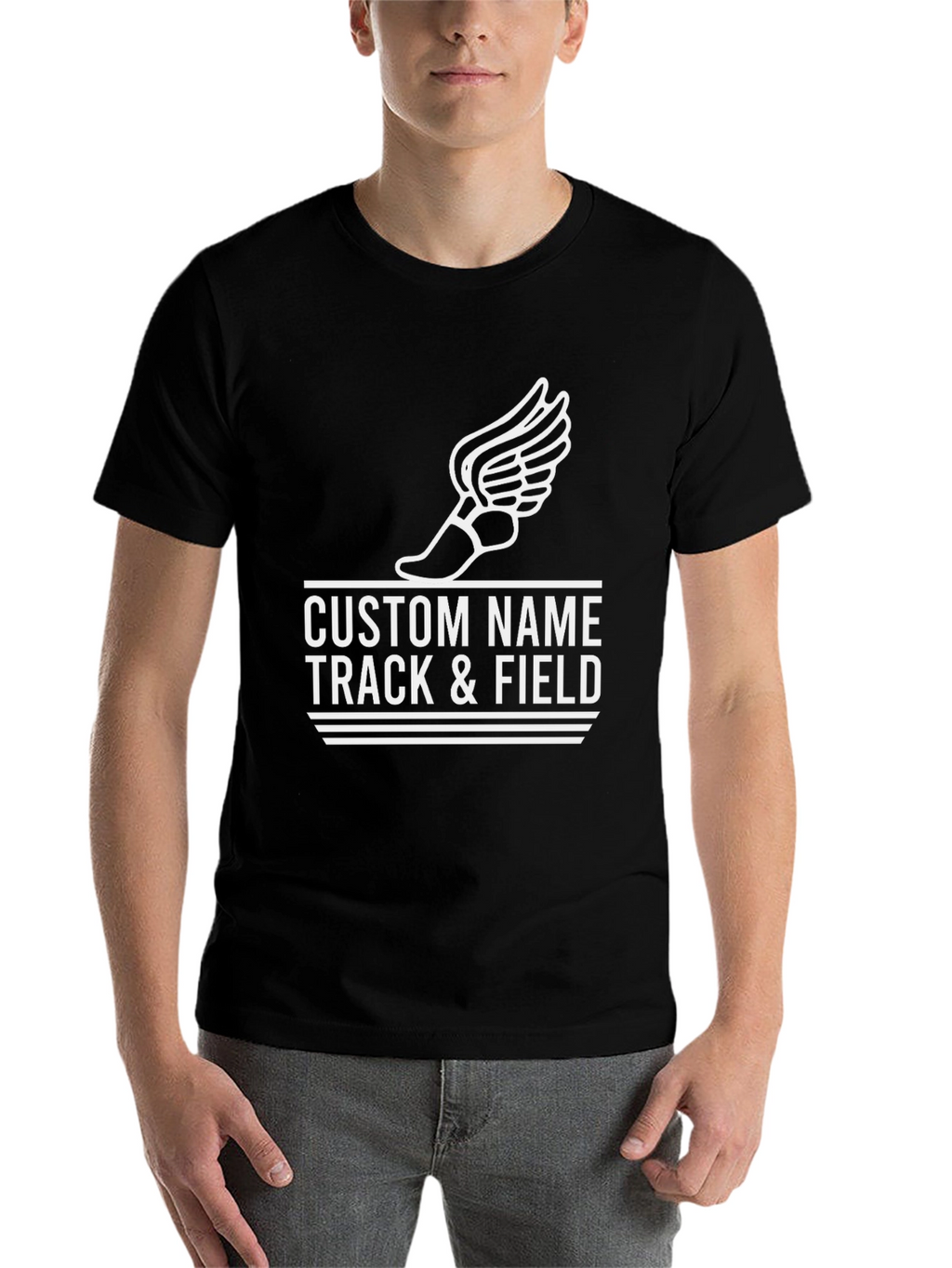 Custom Track & Field T-Shirt with Winged Shoe Design