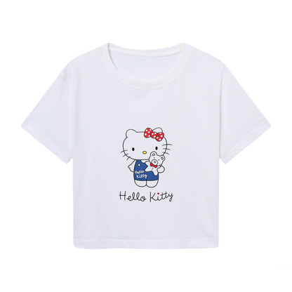 Overalls Bear Hello Kitty Hand?Drawn Style Cute Women Cropped Top