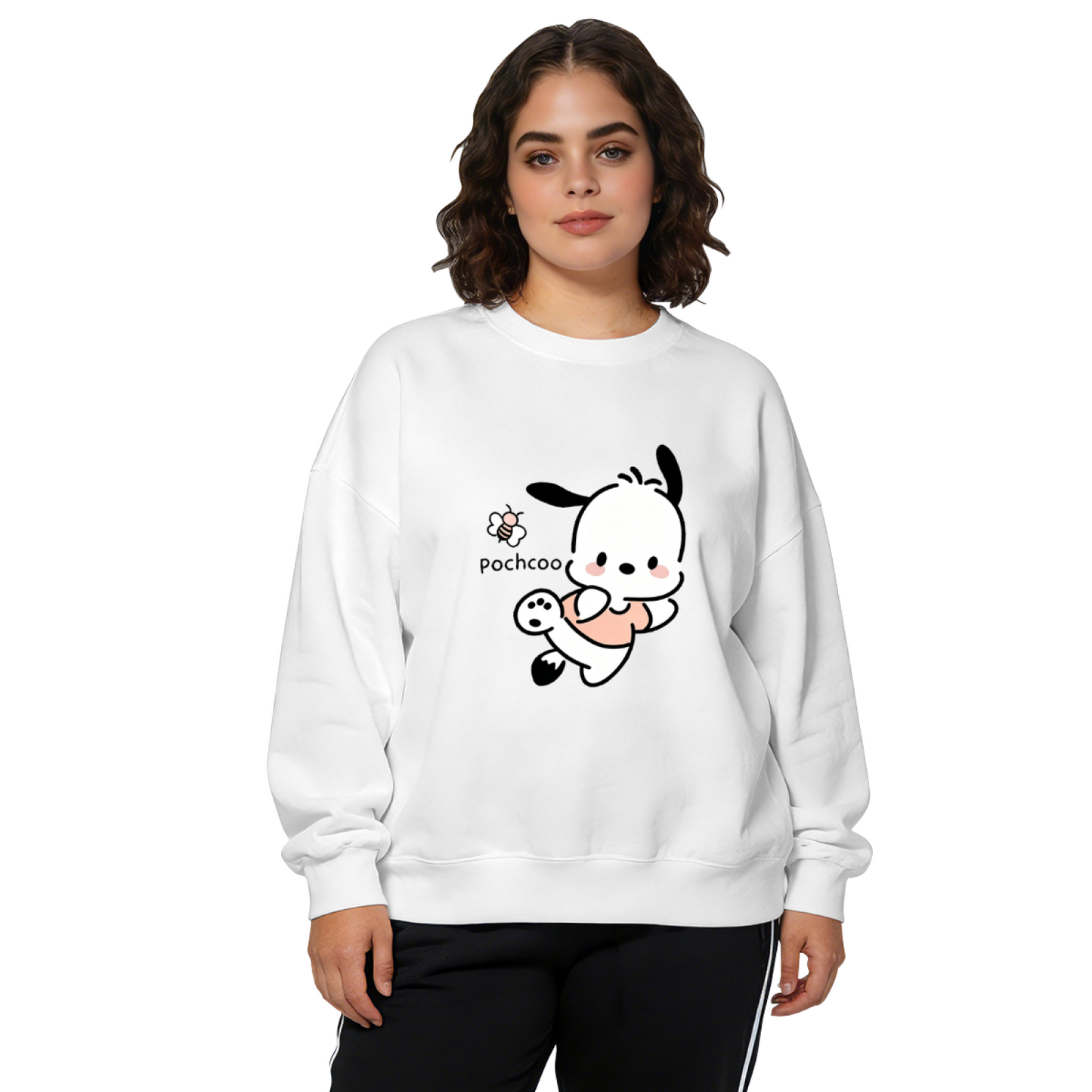 Adorable Pochacco & Little Bee Casual White Crewneck Sweatshirt