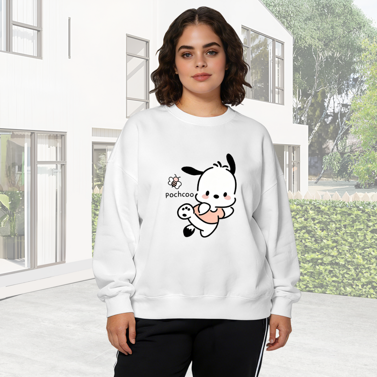 Adorable Pochacco & Little Bee Casual White Crewneck Sweatshirt
