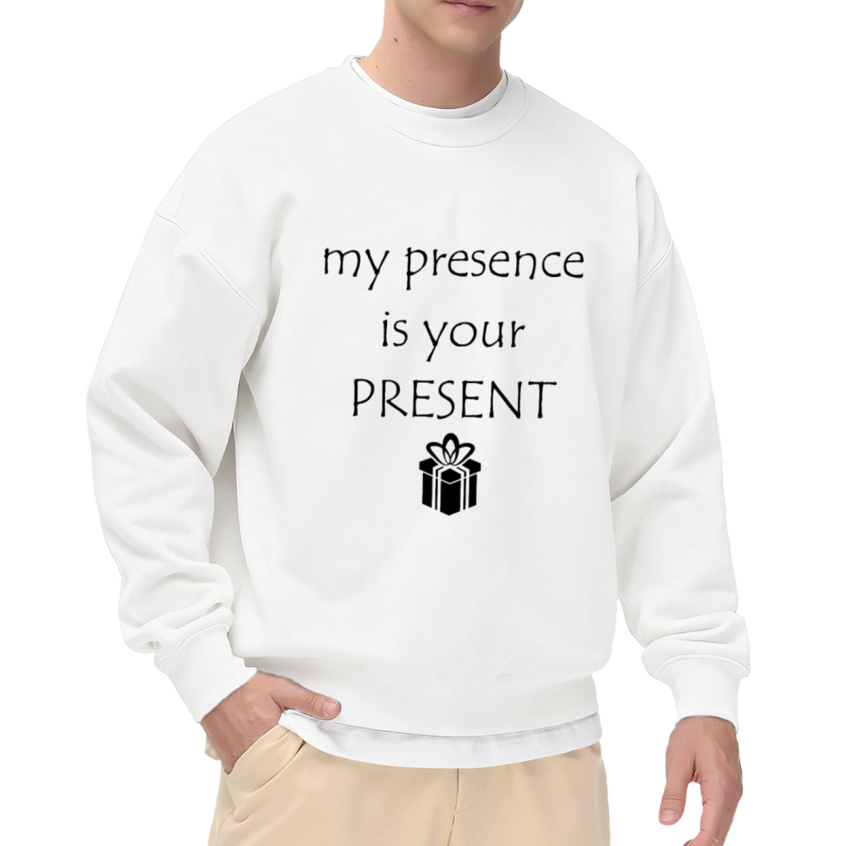 My Presence Is Your Present Sweatshirt | Funny Gift Box Graphic Crewneck, Witty Quote Pullover Top, Birthday Christmas Gift for Women Men