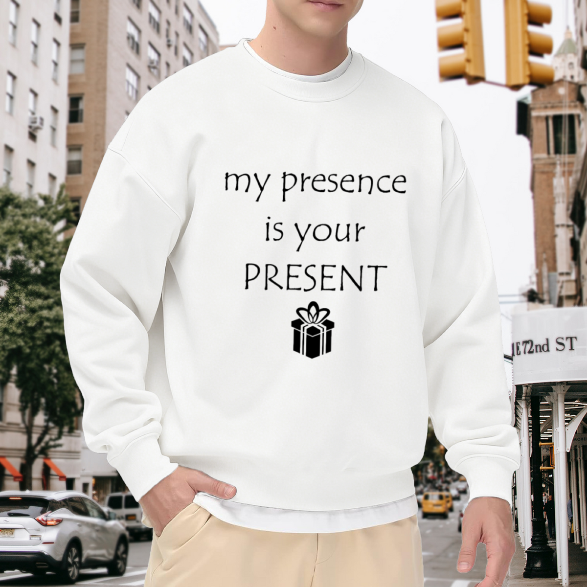 My Presence Is Your Present Sweatshirt | Funny Gift Box Graphic Crewneck, Witty Quote Pullover Top, Birthday Christmas Gift for Women Men
