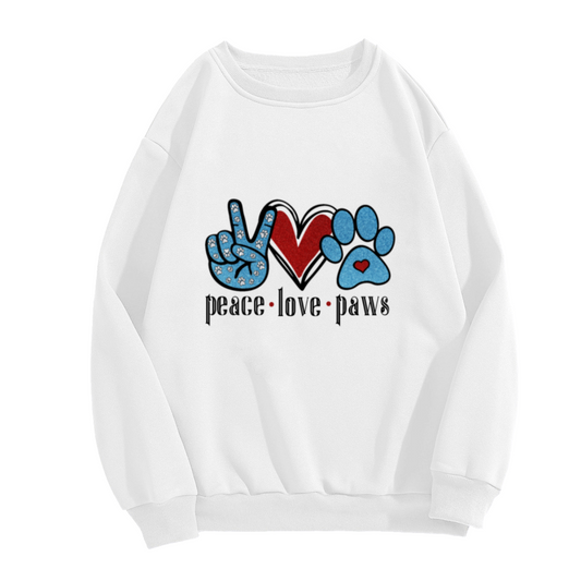 Peace Love Paws Crewneck Sweatshirt | Cute Dog Paw Print Pullover, Pet Lover Graphic Top, Pet Lover Gift
