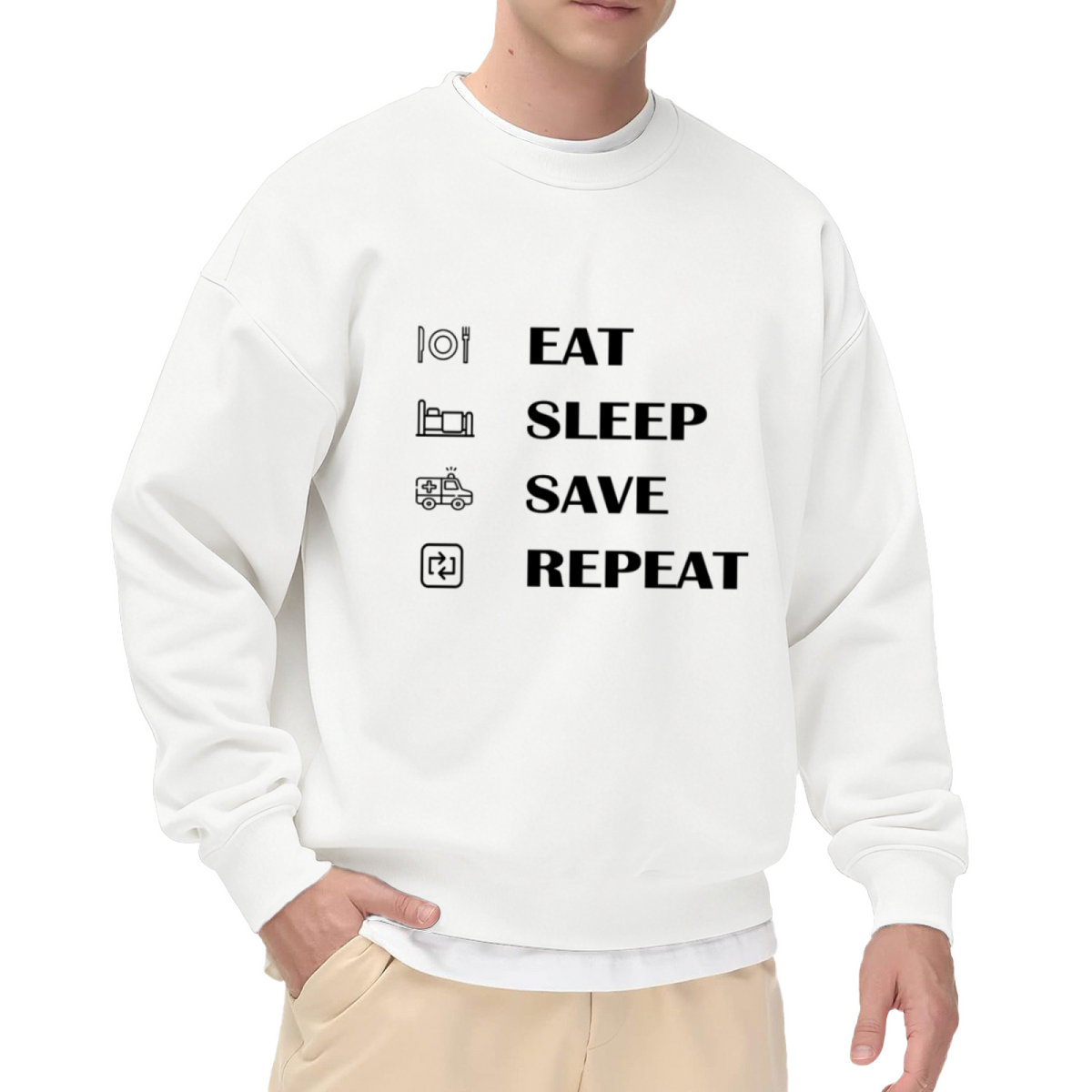 Eat Sleep Save Repeat Crewneck Sweatshirt | Funny EMT Paramedic Pullover, First Responder Icon Graphic Top, Nurse Appreciation Gift