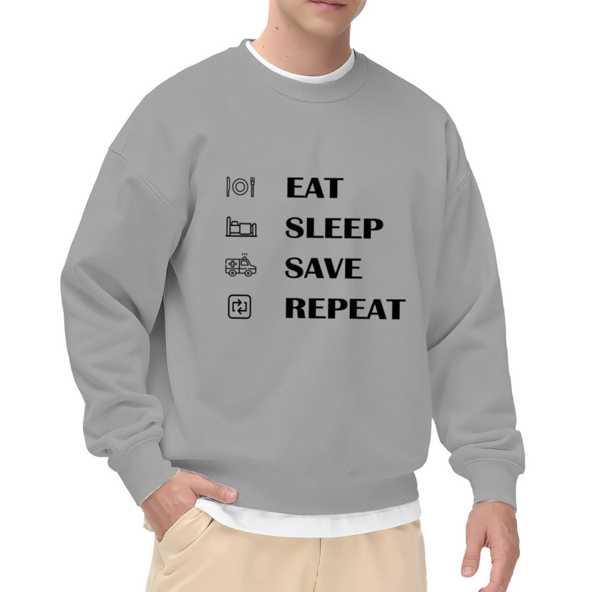 Eat Sleep Save Repeat Crewneck Sweatshirt | Funny EMT Paramedic Pullover, First Responder Icon Graphic Top, Nurse Appreciation Gift