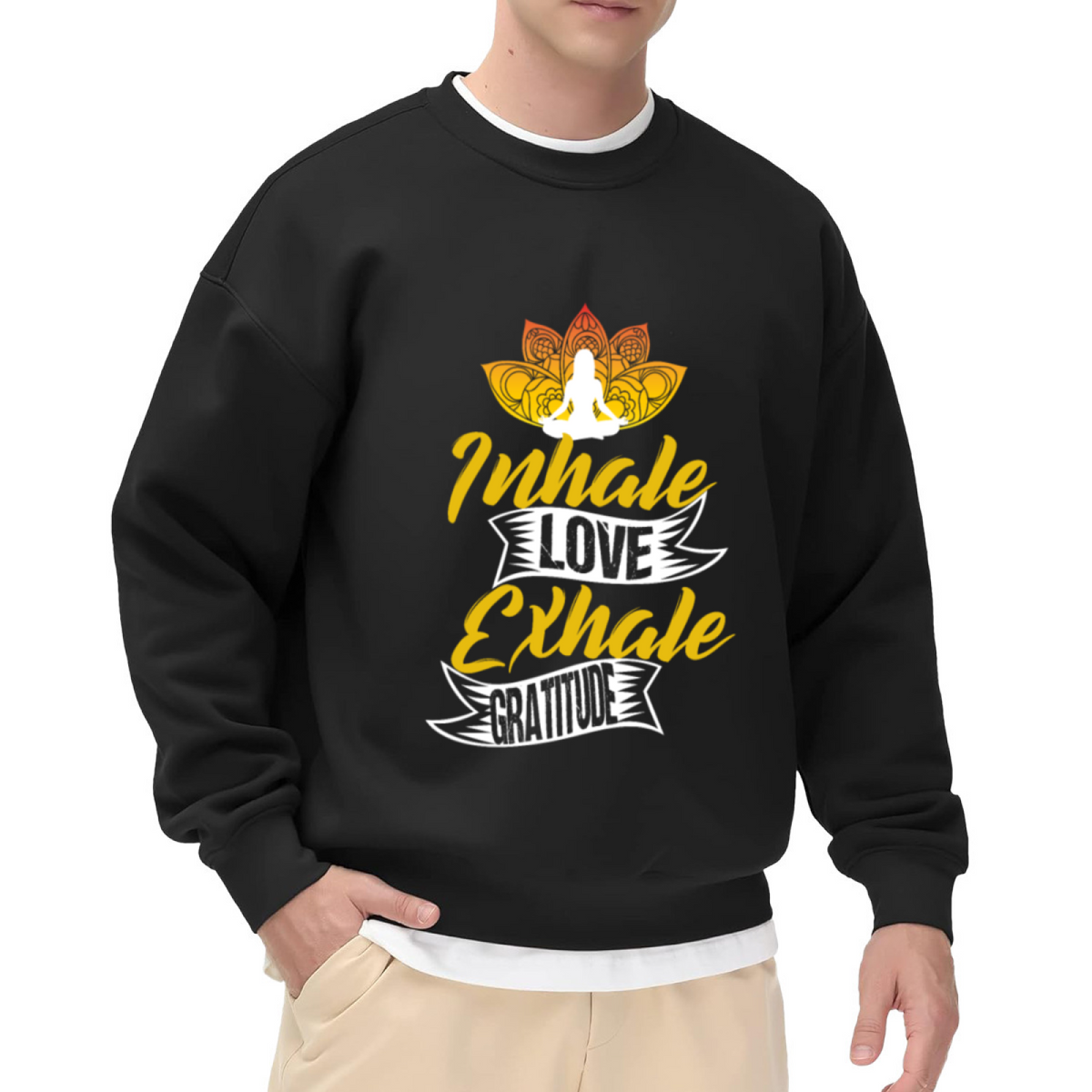 Inhale Love Exhale Gratitude Crewneck Sweatshirt with Lotus Meditation Design for Yoga