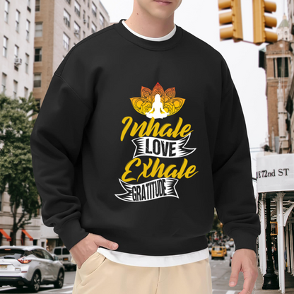 Inhale Love Exhale Gratitude Crewneck Sweatshirt with Lotus Meditation Design for Yoga