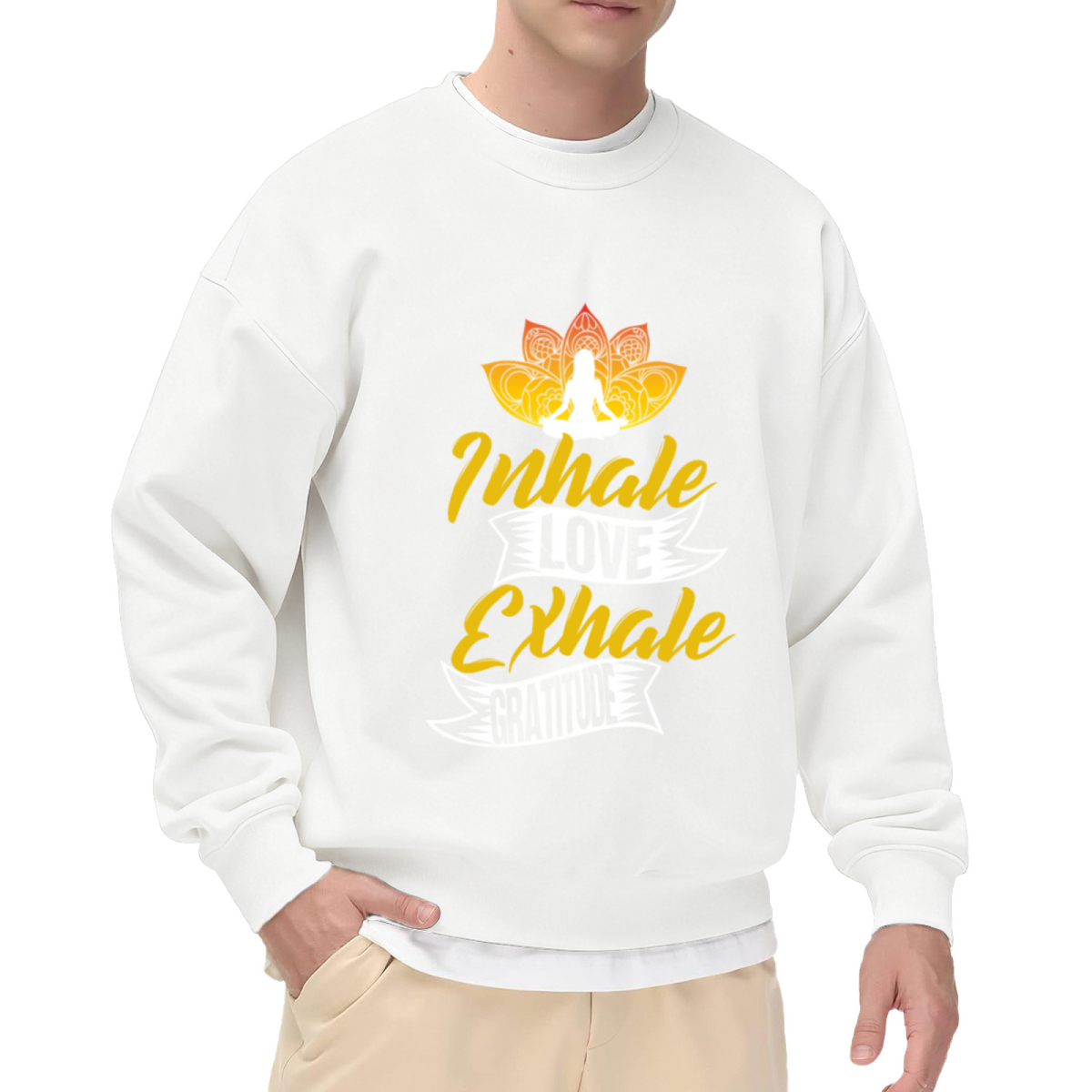Inhale Love Exhale Gratitude Crewneck Sweatshirt with Lotus Meditation Design for Yoga