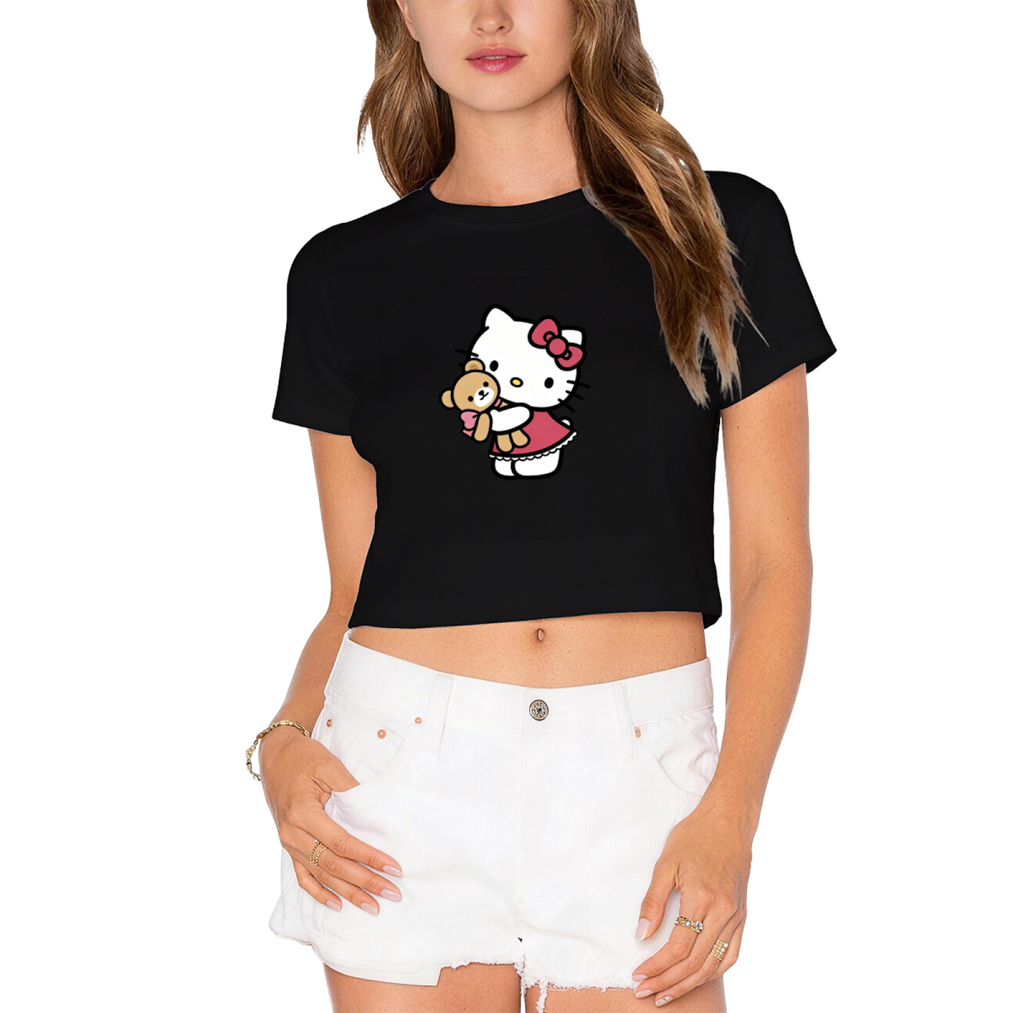 Adorable Hello Kitty Hugging Bear Red Crop Top