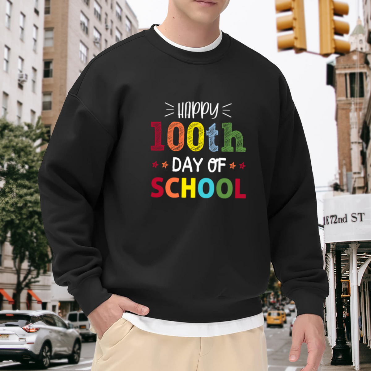 Happy 100th Day Of School Crewneck Sweatshirt | Colorful Kids Celebration Pullover, Colorful Star Graphic Top, Student Gift